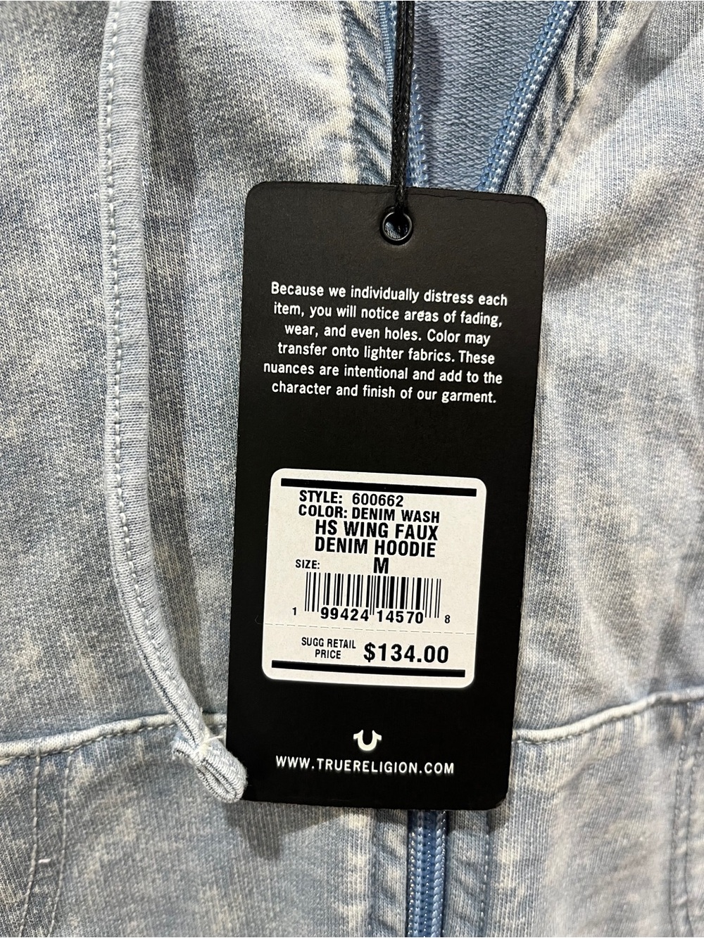 True Religion Hoodie Women's M Horseshoe Wing Faux Full Zip Denim-Look Fabric - Picture 9 of 10